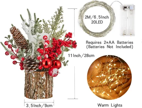 Vista 3 de Decoración Navideña Árbol de Navidad pequeño con luces - Mini árbol de Navidad artificial de mesa iluminado con adornos navideños gnomos