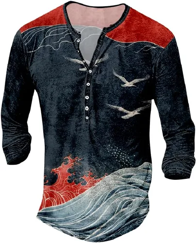 Vista 12 de MARSVOVO Camisetas Henley para hombre, camisetas gráficas artísticas, cuello en V, sin cuello, manga larga, casual, ajustadas, camisas