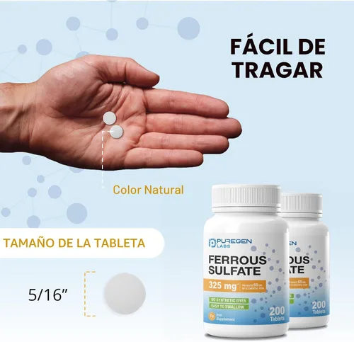 Vista 6 de Puregen Labs - Suplemento de hierro de alta potencia con sulfato ferroso de 325 mg (65 mg de hierro elemental), sin aditivos de color artificial
