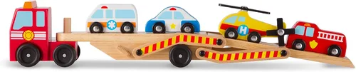 Vista 9 de Melissa & Doug Emergency Vehicle Carrier camión de madera con 4 vehículos de rescate 5 Pieces, 2-Level Vehicle Carrier Truck, Wooden Rescue