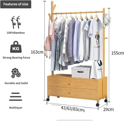 Vista 3 de Perchero independiente resistente, perchero de bambú con ruedas, ideal para almacenamiento de ropa de dormitorio