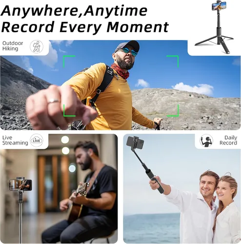 Vista 9 de Trípode para selfie stick de 61 pulgadas con control remoto Bluetooth, soporte extensible de aluminio resistente para vlogging con base de metal