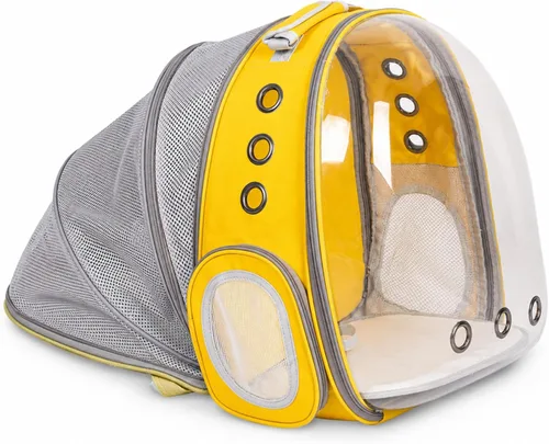 Vista 10 de Mochila expandible para gatos y perros, mochila de viaje para mascotas con ventana de burbujas con malla transpirable, estructura anticolapso, Negro