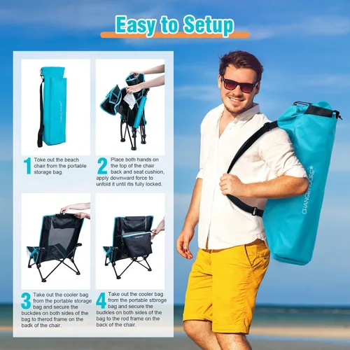 Vista 8 de CHANGE MOORE Silla de playa baja con bolsa enfriadora 2 en 1, 1 paquete soporta hasta 300 libras, sillas de playa plegables para adultos con soporte