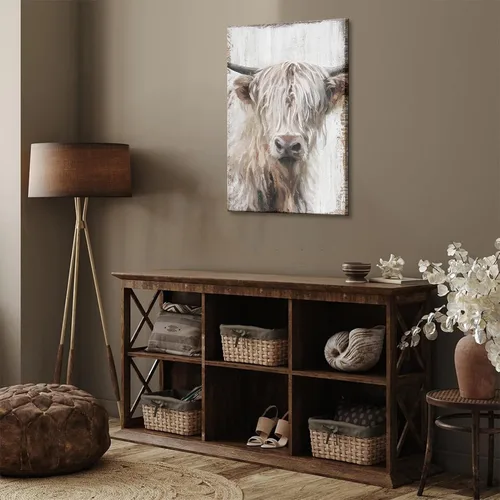 Vista 5 de 1 pieza de arte de pared de vaca Highland, lienzo de vaca de granja para decoración de pared, imagen de pintura blanca de vida silvestre, impresión