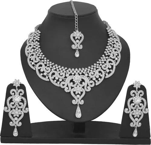 Vista 215 de Conjunto precioso de collar con look real Indian Bollywood, maravillosamente decorado, conjunto de collar adornado para mujer.