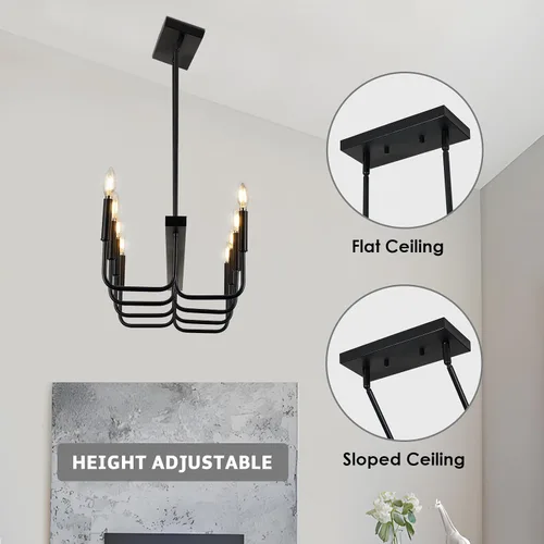 Vista 5 de Lámparas rectangulares para comedor sobre la mesa, candelabros modernos de estilo granja para comedor, candelabro lineal negro de 8 luces, luces