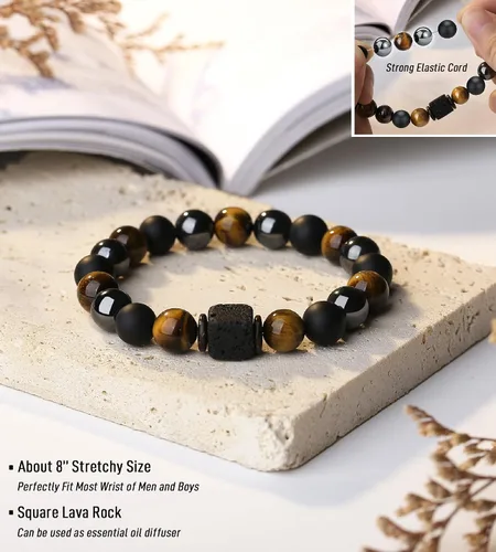 Vista 4 de TONY & SANDY Pulsera de piedra natural para papá, novio, marido, hijo, abuelo, hermano, tío, padrastro, nieto, aniversario, cumpleaños, San