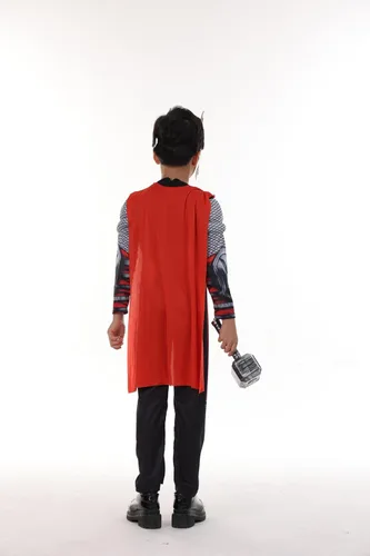 Vista 4 de Disfraz de superhéroe para niños, traje muscular con casco, traje de capa roja, conjunto de 3 piezas para Halloween (sin martillo)