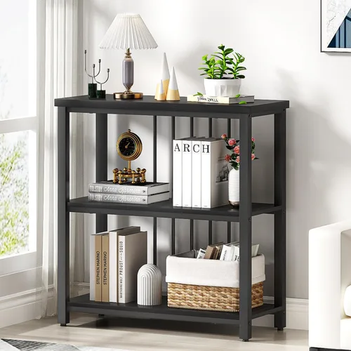 Vista 5 de FOLUBAN Estantería, Librero Moderno de 3 Niveles, Estantes de Libros de Madera y Metal para Sala de Estar, Oficina, Dormitorio, Roble Negro Rústico