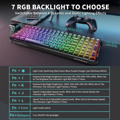 Vista 6 de FOPETT Teclado inalámbrico para computadora con retroiluminación RGB, Bluetooth 5.0/USB-C/2.4 GHz, teclado ergonómico para juegos, tapa transparente