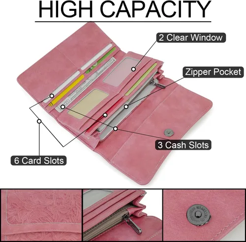 Vista 42 de MEITRUE Cartera de cuero para mujer, con bloqueo RFID, triple pliegue, con relieve, soporte para tarjetas, organizador de chequera para teléfono