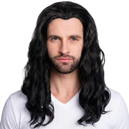 Vista 3 de Peluca negra para hombre, estilo hippie, larga, ondulada, de los Negro