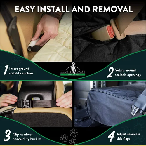 Vista 4 de Plush Paws Products Protector de asiento de coche premium Costuras de diamante Lavable e impermeable para asiento delantero para perro, camión
