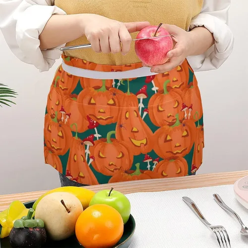 Vista 4 de Divertido delantal de cintura con patrón de calabaza de Halloween con 3 bolsillos, medio corto, para camarero, restaurante, cocina, delantales