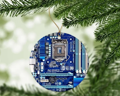 Vista 2 de Árbol de Navidad acrílico con procesador de placa base de computadora, color azul, para Navidad, árbol de Navidad para él, esposa, marido, impreso