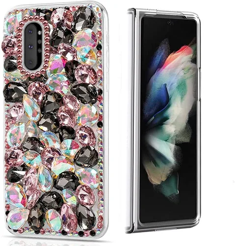 Vista 11 de Sparkle - Funda compatible con Samsung Galaxy Z Fold 3 5G, elegante funda 3D hecha a mano con diamantes de imitación de camelia, color negro