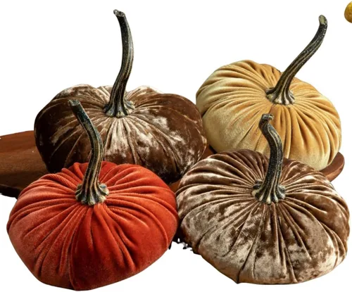 Vista 20 de Juego de 4 pequeñas calabazas de franela de terciopelo y algodón, decoración a cuadros de búfalo blanco y negro, estantes de calabaza negra