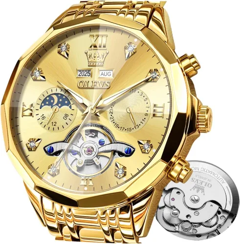 Vista 13 de OLEVS - Reloj Automático de Lujo para Hombre con Diamante, Automático, Multifuncional, Calendario, de Acero Inoxidable, Impermeable, Luminoso