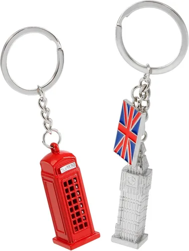 Vista 6 de Paquete de 6 llaveros de Londres, regalos de recuerdo, llaveros con bandera británica del Reino Unido, cabina de teléfono, Big Ben, autobús de dos