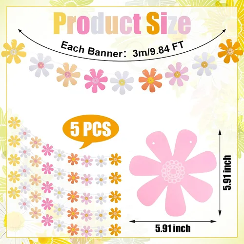 Vista 3 de Juego de 5 banderines de margaritas con diseño de margaritas bohemias, guirnaldas de papel hippie para fiesta, pancartas de flores coloridas
