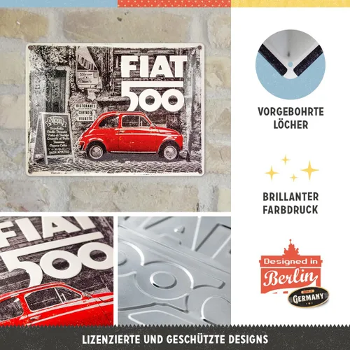 Vista 3 de Nostalgic-Art Cartel de hojalata retro – Fiat 500 – Coche rojo en la calle – Idea de regalo para los fanáticos de Italia, placa de metal, diseño