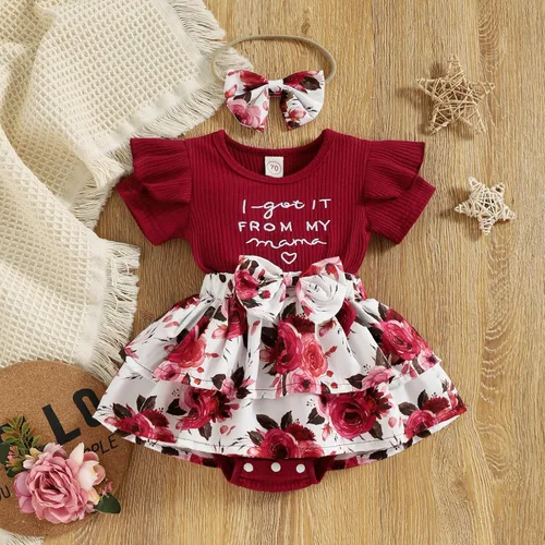 Vista 2 de Conjunto de vestido de mameluco para niñas con letras florales, estampado de mamá, con volantes, ropa corta, diadema
