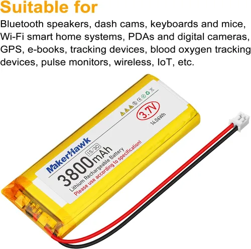 Vista 6 de MakerHawk Batería LiPo de 3.7 V 3800 mAh recargable 1S 3C 113386 Batería de polímero de litio con placa de protección de batería dual, enchufe micro