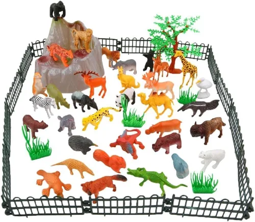 Vista 3 de ValeforToy 54 Figuras de animales pequeños de la jungla con caja de regalo. Juguetes para regalar en fiestas para niños, infantes.