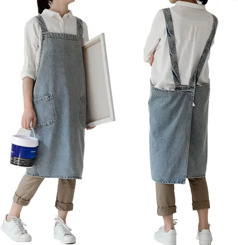 Vista 10 de NEWGEM Delantal de mezclilla de algodón con bolsillos para mujer, cocina, cocina, jardinería, pintura #1 Denim Algodón Azul Claro Con Lazos En La