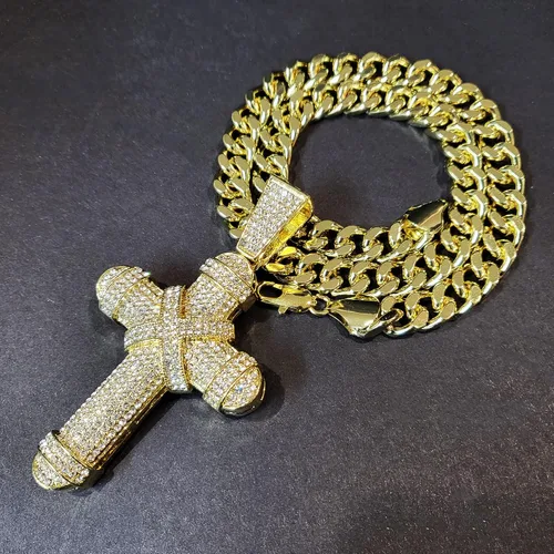 Vista 4 de Hip Hop Jewelry - Colgante de cruz grande chapado en oro y cadena de eslabones cubanos Miami de 0.394in, 18 pulgadas, 20 pulgadas, 24 pulgadas, 30