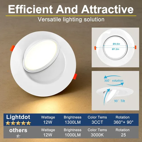 Vista 8 de Lightdot - Paquete de 6 luces LED empotrables con rótula de 6 pulgadas, ajustable 360°+90°, temperatura de color de 3CCT seleccionable y regulable