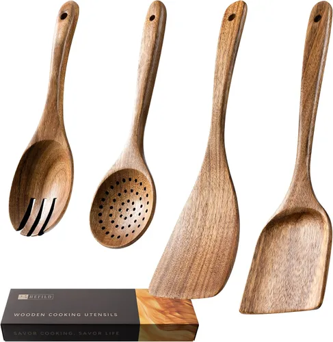 Vista 6 de cucharas de madera para cocinar, juego de utensilios de cocina antiadherentes con 10 piezas de espátulas y cucharas de madera de acacia