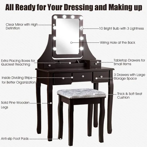 Vista 5 de DORTALA Juego de mesa de tocador con espejo rectangular de 360 grados y taburete acolchado, mesa de maquillaje con 10 bombillas LED regulables