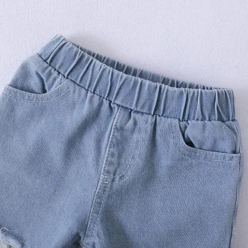 Vista 6 de XUANHAO Conjunto de 2 piezas de pantalones de mezclilla para niñas pequeñas parte superior floral con volantes pantalones de mezclilla rasgados
