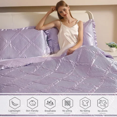 Vista 5 de Juego de edredón de 3 piezas tamaño matrimonial/queen con funda de almohada, juego de colcha ligera de microfibra suave, colcha reversible