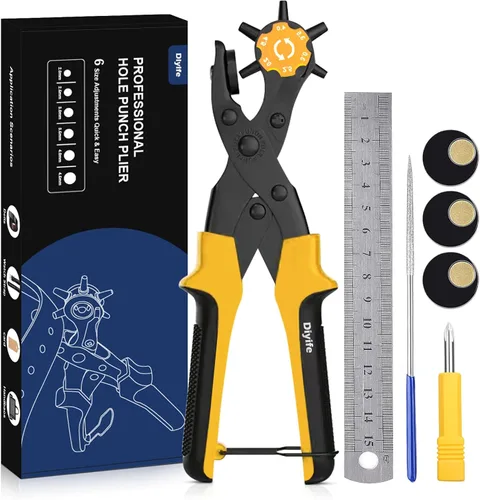 Vista 8 de Diyife® Perforadora de cuero, perforadora para cinturón resistente, kit de alicates giratorios con aguja de molienda extra, placas de perforación