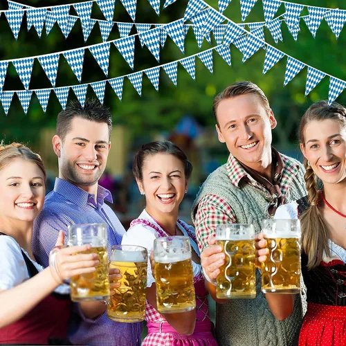 Vista 4 de Bandera bávara del Oktoberfest de 131 pies, paquete de 4 banderines bávaros para decoraciones de fiestas temáticas de Oktoberfest alemán