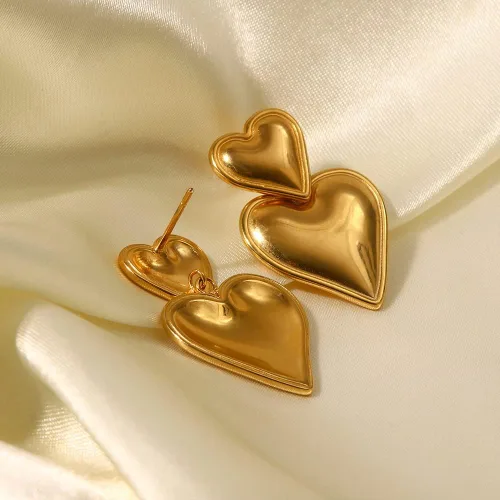 Vista 4 de Caiyao Aretes colgantes chapados en oro y plata para mujer, hipoalergénicos, de doble corazón, grandes, grandes, grandes, joyería para fiesta
