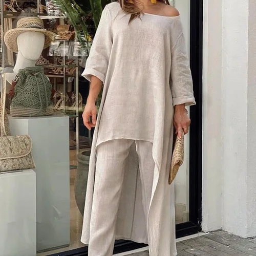 Vista 2 de ZOCANIA Conjunto de dos piezas para mujer, de manga larga, sin botones, de lino, irregular, para otoño, casual, cuello redondo