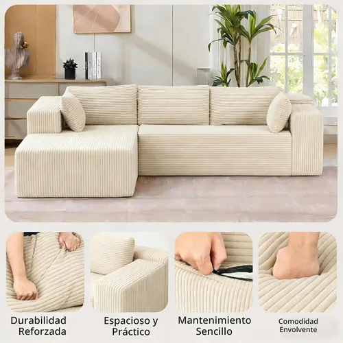 Vista 4 de Sofá modular modular en forma de L de 104 pulgadas con diván, sofá deshuesado similar a una nube, tapicería de pana transpirable, no requiere Beige