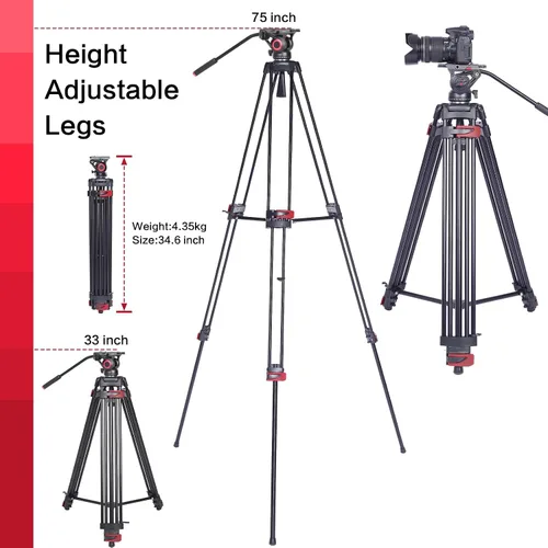 Vista 6 de miliboo Trípode para cámara de video, trípode resistente con cabezal fluido, altura máxima de trabajo 76.4 pulgadas, trípode de fotografía de gran