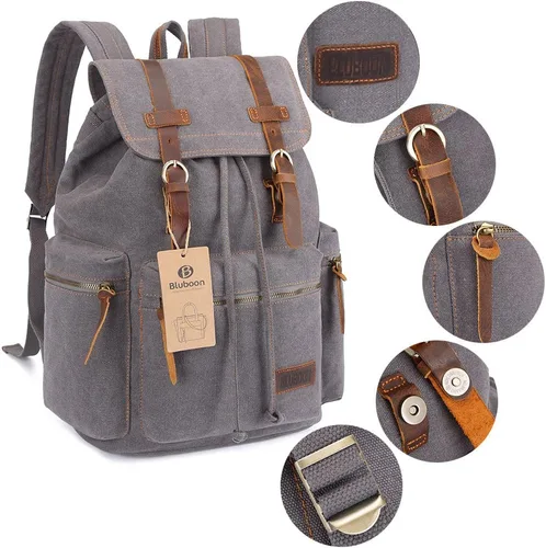 Vista 3 de Bluboon Mochila vintage con ribete de cuero casual para hombres y mujeres, mochila de viaje para computadora portátil