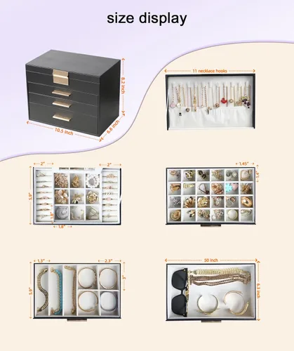 Vista 5 de BOOVO Joyeros para mujer, organizador de joyas de 5 capas con colgador de collar y cajones, caja de joyería grande para aretes, collares y pulseras