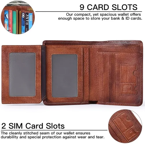 Vista 5 de GOIACII - Cartera de piel auténtica para hombre con bloqueo RFID con 2 ventanas de identificación 2 compartimentos para billetes tarjetas SIM