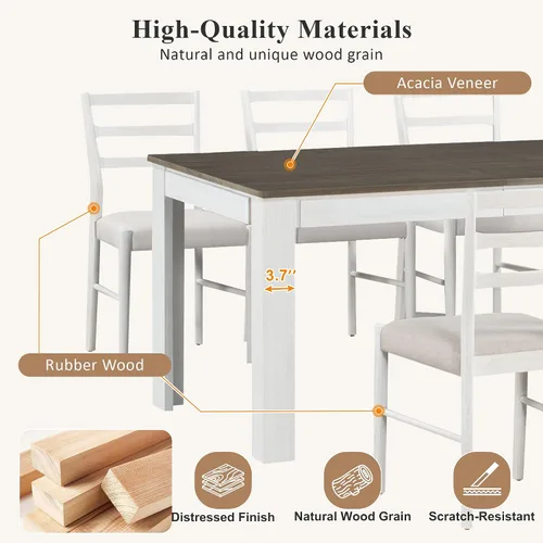 Vista 6 de Juego de mesa de comedor de madera de 7 piezas, mesa extensible multifuncional con hojas de 12 pulgadas y 2 cajones, 6 sillas de comedor con cojín