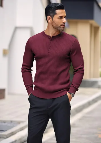 Vista 31 de COOFANDY Suéter de punto Henley para hombre, manga larga, con botones, ligero, para otoño, ajustado, acanalado