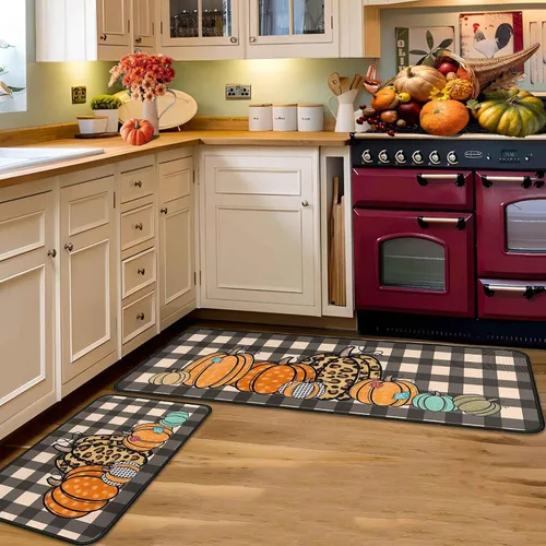 Vista 5 de Juego de 2 alfombras y tapetes de cocina de otoño, alfombras de cocina de Acción de Gracias, con respaldo antideslizante, decoraciones de otoño