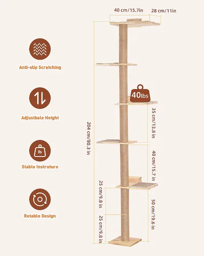 Vista 6 de Árbol para gatos de 80.3 pulgadas de alto para pared, árbol de gato de 5 niveles de piso a techo, árbol para gatos ajustable montado en la pared
