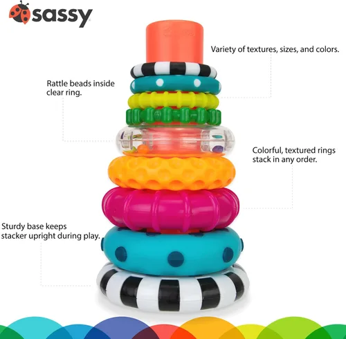 Vista 9 de Anillo de apilado de pilas de círculos de Sassy, juguete de aprendizaje STEM, a partir de 6 meses, multicolor, juego de 9 piezas